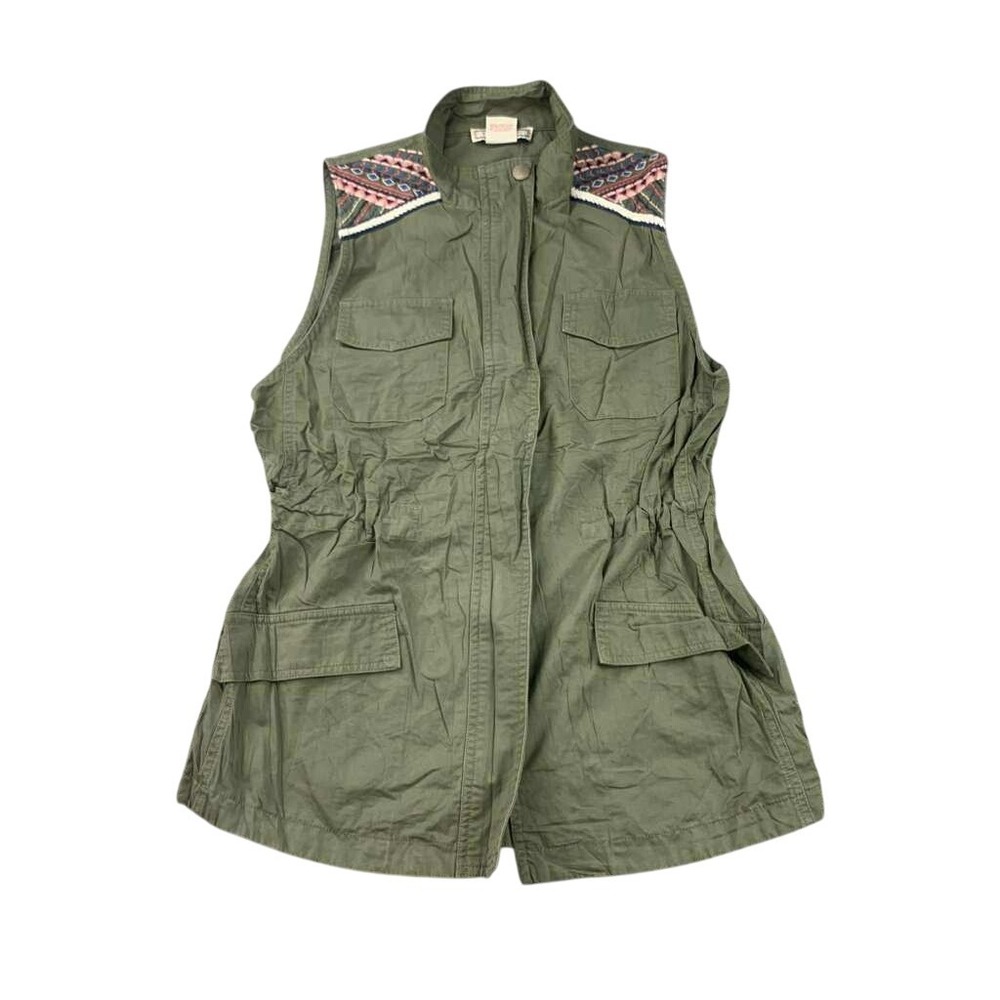 Flying Tomato Women Small Army Green Vest Full Zip Vest Utility Embroider Detail
